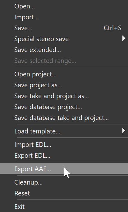 Export AAF on the File menu.png